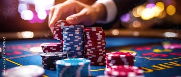 Fototapeta Close-up of a hand stacking colorful poker chips on a casino table, capturing the excitement of a thrilling gambling experience.