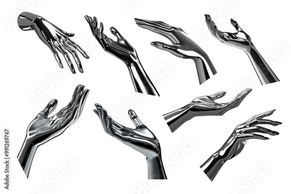Fototapeta 3D Chrome metal woman hands hold position. Futuristic glossy silver hands reaching out, palm up presenting product. Ai generated
