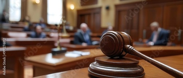 Fototapeta A close-up view of a gavel on a judge's bench in a courtroom setting, symbolizing justice and the legal system.