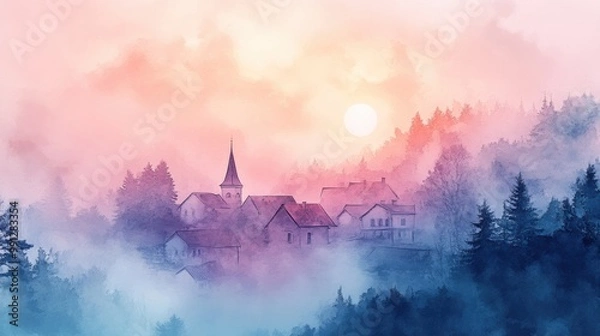 Fototapeta A tranquil village shrouded in mist, illuminated by a soft sunrise, creating a serene atmosphere amidst the trees.
