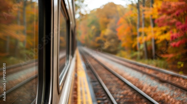 Fototapeta A view from a train window passing through a stunning autumn forest. Vibrant red, orange, and yellow leaves. Scenic journey captures the beauty of nature and the peaceful serenity of the countryside.