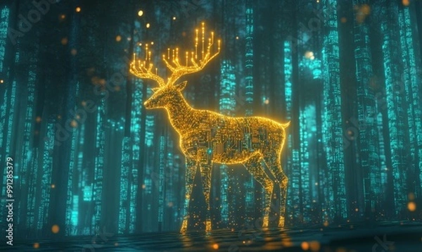 Obraz Digital deer stands in a glowing forest.