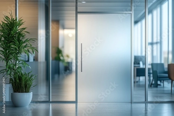 Fototapeta Modern office entrance with frosted glass door and greenery, creating a welcoming and professional environment.