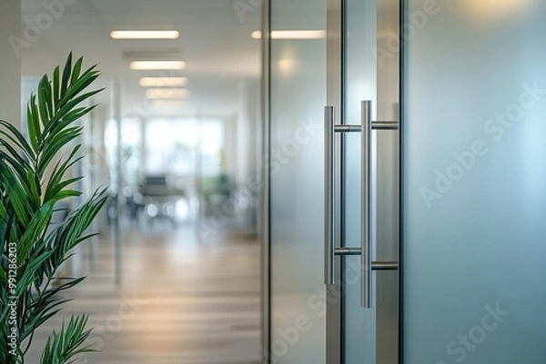 Fototapeta Modern office interior with glass door and greenery, creating a professional and inviting workspace atmosphere.