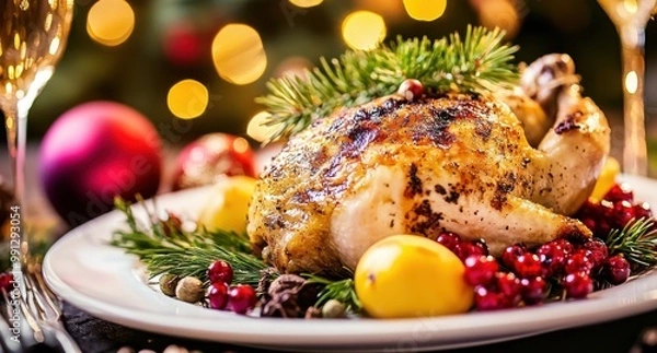 Fototapeta Barbecued chicken on a festive table with fruits, golden skin reflecting sunlight