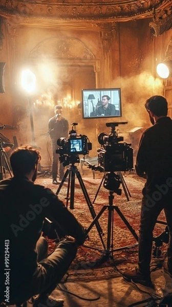 Fototapeta Behind-the-scenes view of a film production in an ornate, vintage room. Cameras capture an actor on set while crew monitors the scene on screens.
