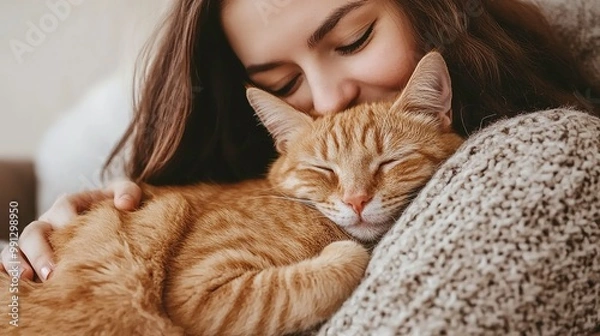 Obraz A young woman with long red hair is holding a ginger cat in her arms The woman is wearing a gray scarf and has her eyes closed