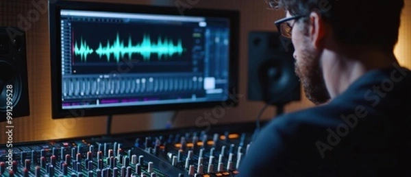 Fototapeta A sound engineer working on audio editing with a digital audio workstation, focused on sound waves and mixing tracks.