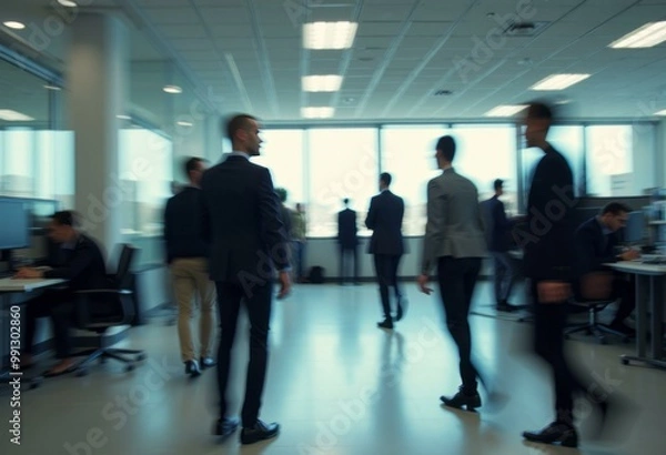 Fototapeta Time-lapse of Office Workers in Motion Among Large Windows