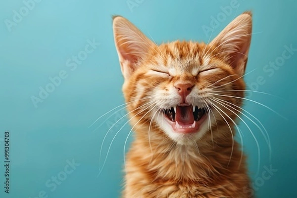 Fototapeta Laughing cat with closed eyes, light blue background