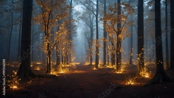 Fototapeta Enchanting Forest Pathway Illuminated by Glowing Plants on a Misty Evening in Autumn
