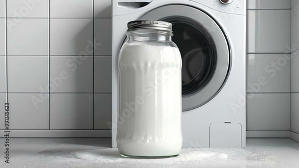 Obraz A large jar of baking soda placed next to a washing machine, promoting eco-friendly cleaning and laundry practices