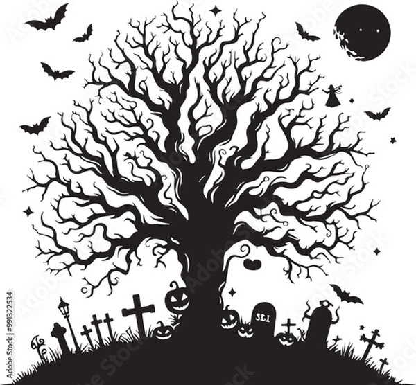 Fototapeta Haunted Halloween Tree Vector Graphic Design