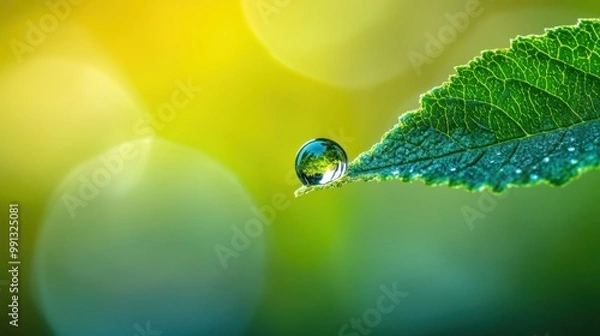 Fototapeta A pristine raindrop clings delicately to a vibrant green leaf in the gentle morning light of a tranquil forest setting