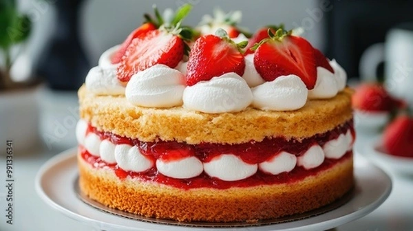 Obraz A classic sponge cake with layers of strawberry jam and whipped cream, garnished with fresh strawberries on top.