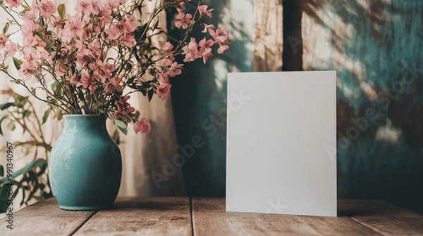 Fototapeta A blank white card for mockup on the wooden table and vase with flowers