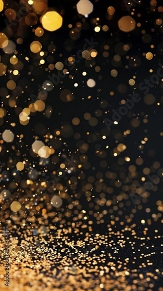 Fototapeta A spray of shimmering gold confetti against a dark background, ideal for Christmas cards, VIP event invitations, holiday greetings, or festive celebrations with an elegant 2026 - 2027.