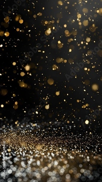 Fototapeta A luxurious glistering gold confetti spray on a black background 2026 - 2027 perfect for festive invitations, VIP events, or holiday celebrations, adding an elegant and shiny touch to.