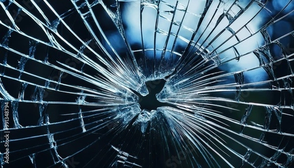 Fototapeta Close-Up of Shattered Glass with Radial Cracks and Broken Center, Capturing the Intricate, Sharp Details of Fragmented Glass Against a Softly Blurred Blue and Black Background