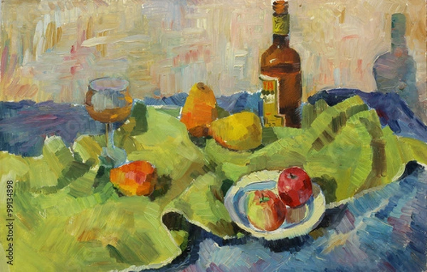 Obraz Beautiful Original Oil Painting of  still life  glass; bottle; tray; pear; apple; fabric; shade On Canvas in the style of Impressionism