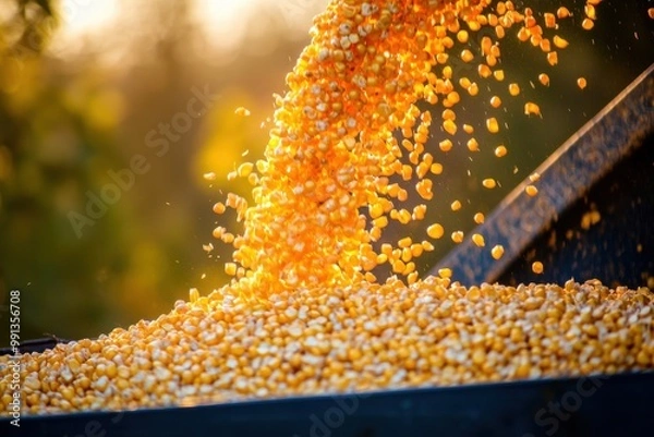 Fototapeta Corn grains pouring from storage bin during harvest, close-up of golden tones