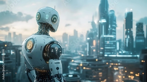 Fototapeta A futuristic cityscape with AI-driven robots maintaining infrastructure