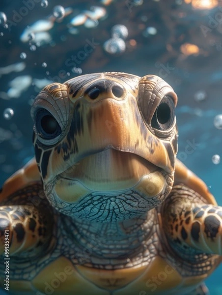 Fototapeta Underwater close-up of turtle's face looking at camera with eyes and mouth visible