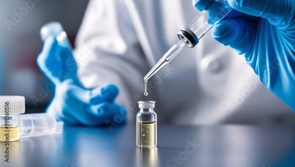 Fototapeta Scientist Filling Vial with Liquid in Lab - Research and Development