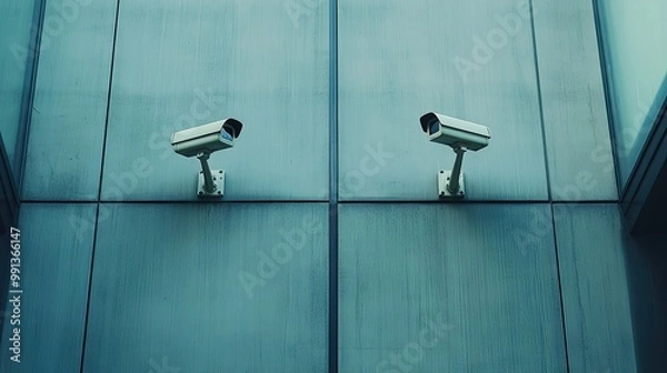 Fototapeta A pair of modern security cameras positioned on a commercial building facade, pointing in opposite directions to cover the entire perimeter.
