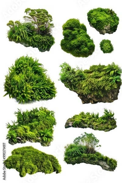 Fototapeta A collection of various sized and shaped moss-covered rocks, showcasing the growth and diversity of plant life on different terrains.