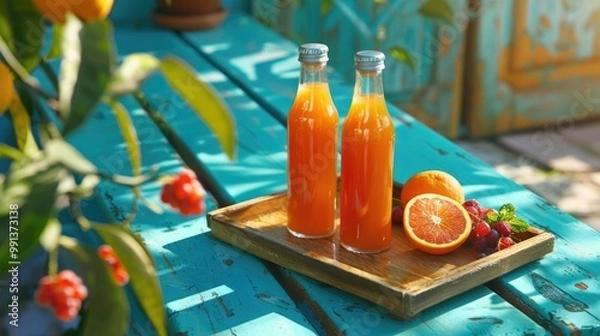 Fototapeta Two bottles of refreshing orange soda, with a slice of fruit and berries on a blue wooden table.