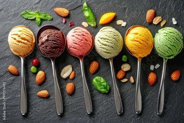 Obraz A colorful assortment of ice cream scoops served in spoons, surrounded by nuts and fresh herbs on a dark stone surface.