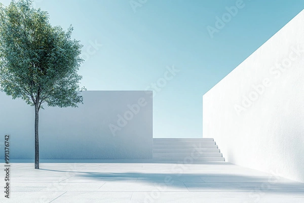 Obraz Abstract 3D rendering of minimalist style architectural space scene, mountain and lakeside building