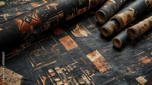 Fototapeta Tribal-themed wax fabric in dark colors, laid out with an elegant and refined look