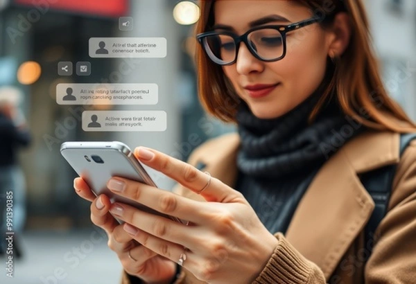 Fototapeta AI conversation assistant in action detailed view of a woman usi