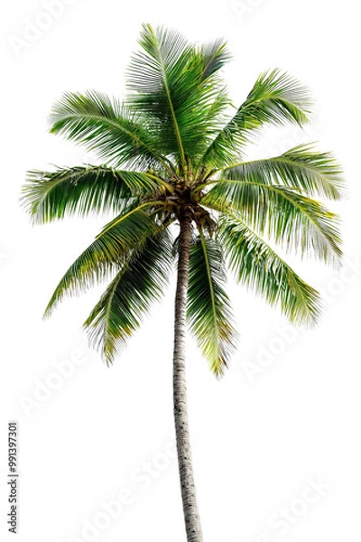 Fototapeta A coconut tree with long, sweeping fronds and coconuts, isolated on transparent background, PNG file, evoking a tropical island vibe