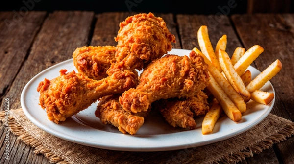 Obraz A plate of crispy fried chicken drumsticks served with golden French fries on a rustic wooden table