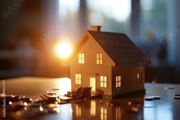 Fototapeta Miniature house at sunset with glowing windows, symbolic of real estate and home, coins on a table in the background, warm and atmospheric lighting