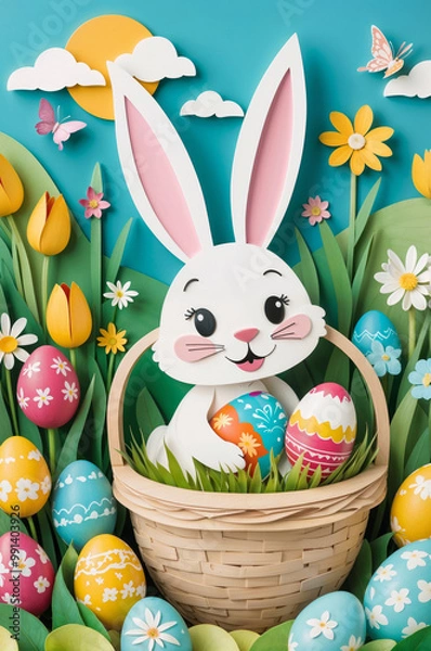 Obraz A paper Easter bunny holding colorful painted eggs sits inside a basket, surrounded by vibrant flowers and a sunny, spring backdrop, creating a joyful holiday scene