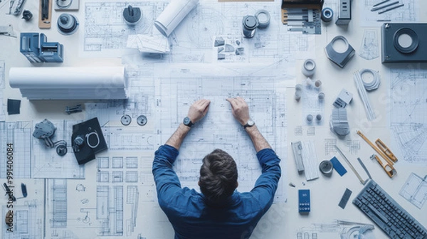 Fototapeta A focused designer collaborates on blueprints and technical drawings, surrounded by various tools and materials.