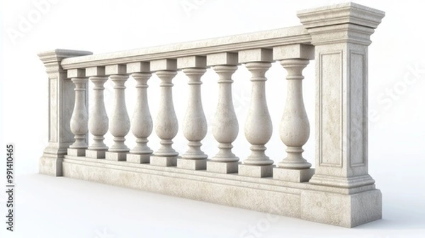 Fototapeta Balustrade elements in 3D: stone pillars, columns, balusters, handrails, and bases for classic fences on balconies, terraces, and parapets.