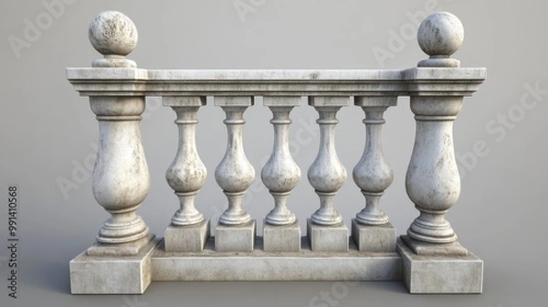 Fototapeta Balustrade elements in 3D: stone pillars, columns, balusters, handrails, and bases for classic fences on balconies, terraces, and parapets.