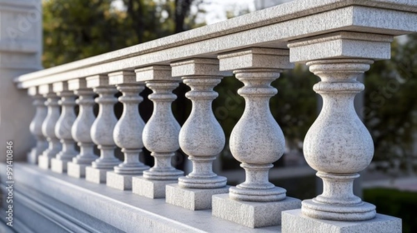 Fototapeta Balustrade elements in 3D: stone pillars, columns, balusters, handrails, and bases for classic fences on balconies, terraces, and parapets.