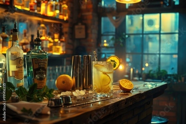 Obraz A refreshing cocktail with a citrus garnish sits on a bar counter, ready to be enjoyed. The warm lighting and rustic setting create a cozy and inviting atmosphere.