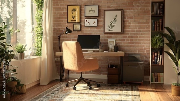 Fototapeta A cozy home office setup with a laptop, a comfy chair, and a soft rug