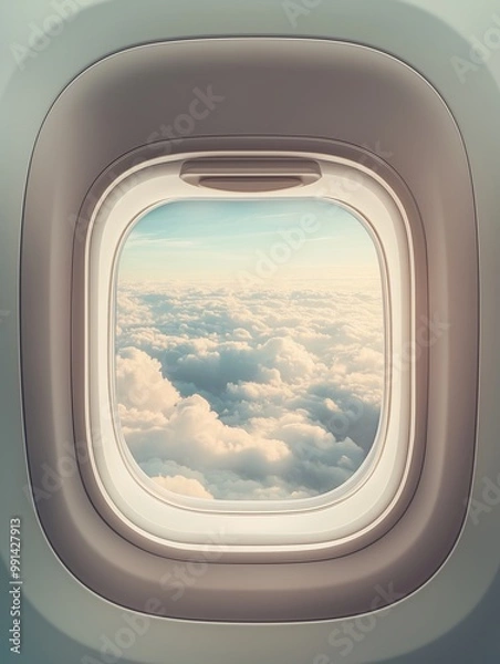 Fototapeta View from an airplane window, gazing at the blue sky and clouds