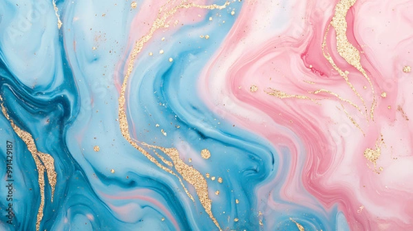 Fototapeta Abstract blue and pink marble texture with gold glitter.