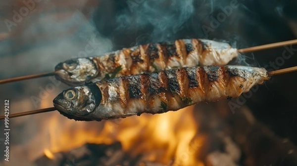 Fototapeta Grilled mackerel fillets on a skewer, cooking over a bed of hot coals, with smoke and charred herbs enhancing the flavor.