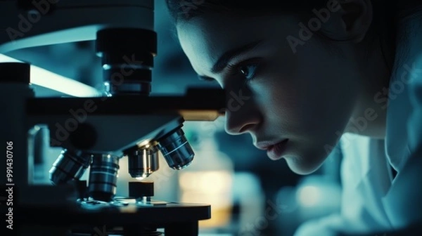Fototapeta Focused woman Peering into Microscope in Lab Setting