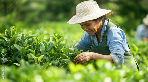 Fototapeta Tea picking on the Plantation. Delicious, fresh, natural tea